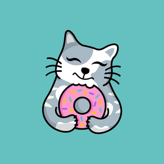 Vector lindo gato con donut gracioso donut cat logo mascota