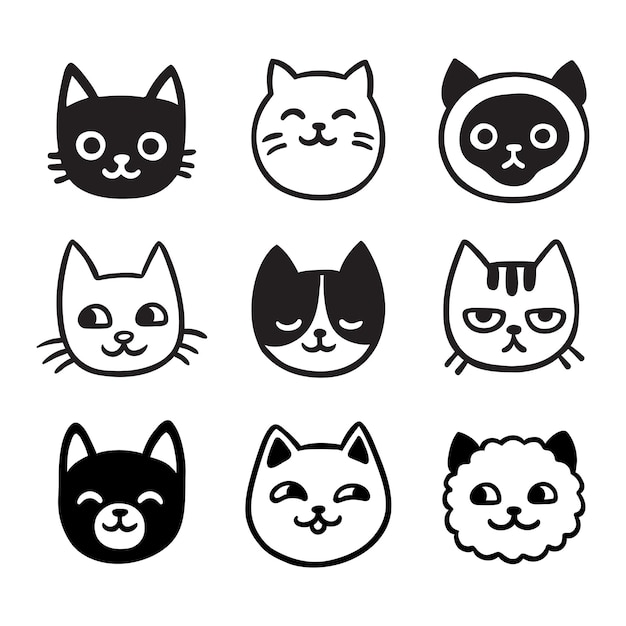 Lindo gato doodle set caras de gato divertidas dibujadas a mano