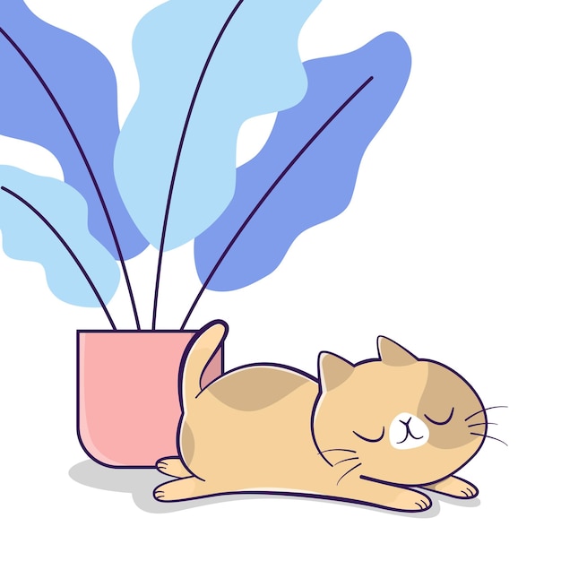 Vector lindo gato durmiendo al lado de una planta en maceta