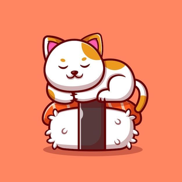 Lindo gato durmiendo en la ilustración de dibujos animados de sushi de salmón. Concepto de alimento animal aislado. Estilo de dibujos animados plana