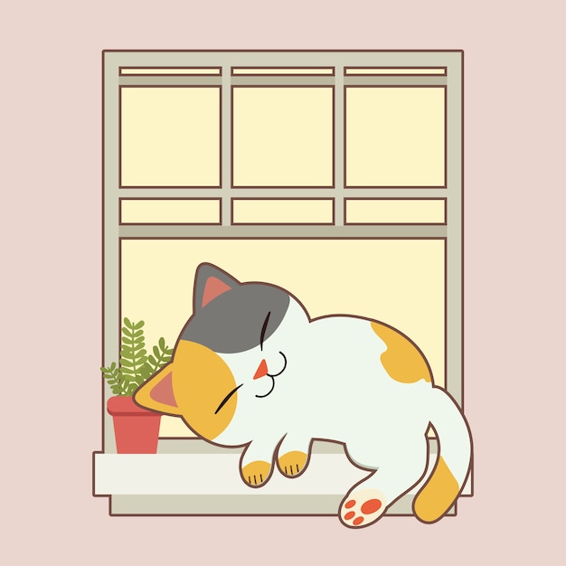 Lindo gato durmiendo en la ventana con maceta en estilo plano. garabatos illustation