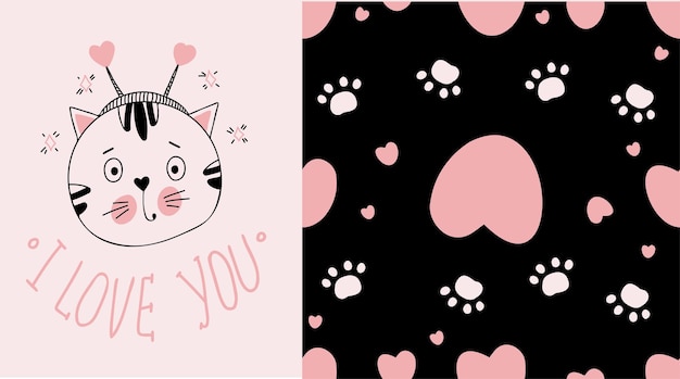 Lindo gato enamorado de la inscripción te amo y patrones sin fisuras con corazones y pie de gato