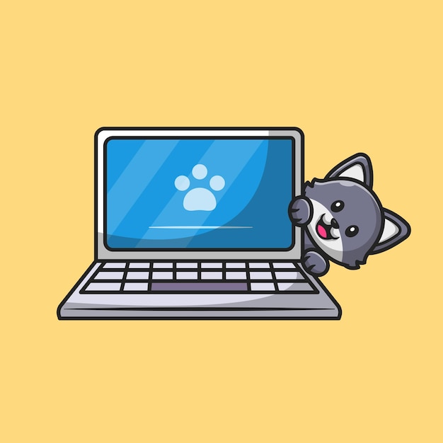 Lindo gato escondido detrás de la ilustración de dibujos animados portátil. Concepto de tecnología animal aislado. Estilo de dibujos animados plana.