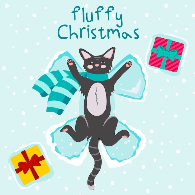 Lindo gato esponjoso hace un ángel de nieve. Patrón de Navidad. Plantilla de tarjeta de felicitación de vector con mascota divertida.