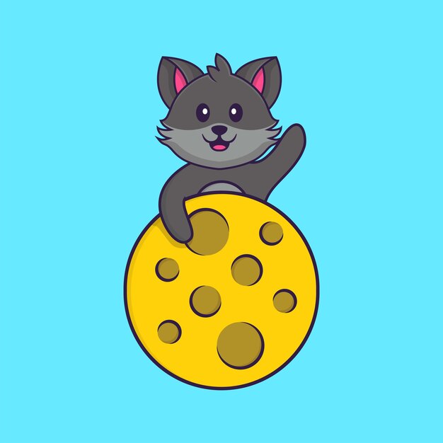 Lindo gato está en la luna. Concepto de dibujos animados de animales aislado. Estilo de dibujos animados plana