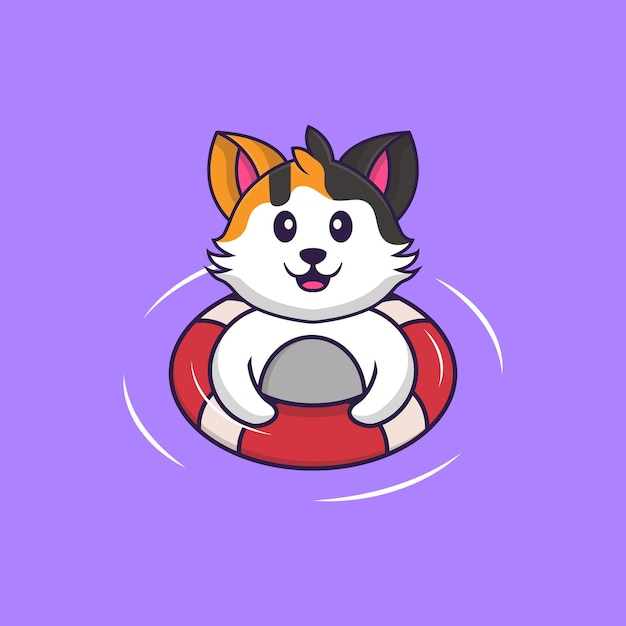 Lindo gato está nadando con una boya. Concepto de dibujos animados de animales aislado. Estilo de dibujos animados plana