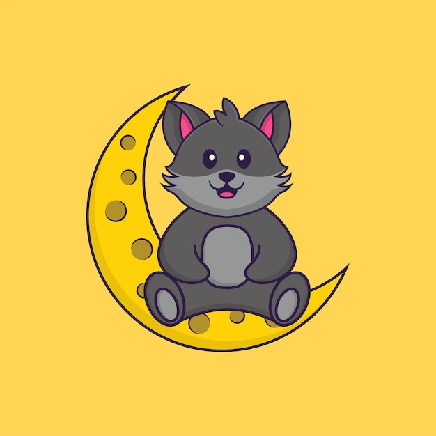 Lindo gato está sentado en la luna. Concepto de dibujos animados de animales aislado.