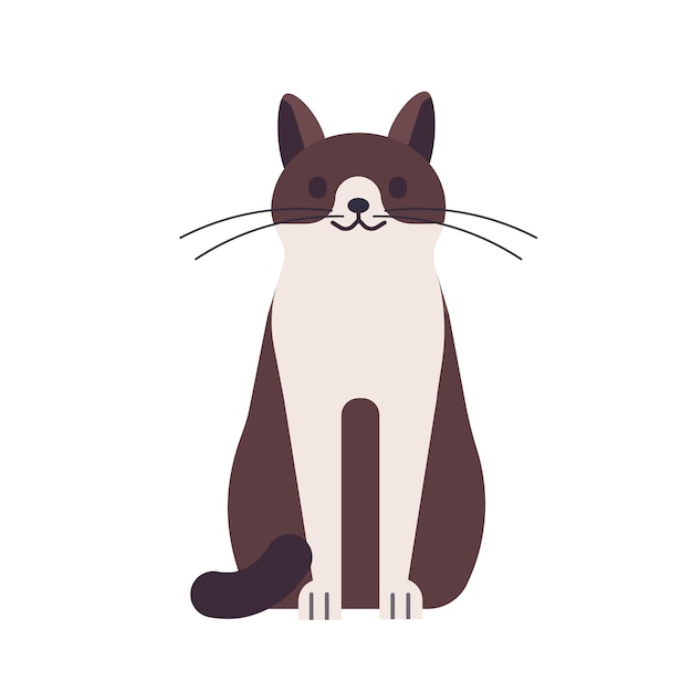 Lindo gato feliz divertido aislado sobre fondo blanco. Animal doméstico o mascota. Adorable gatito sentado o minino, amigo peludo muy encantador. Ilustración de vector colorido en estilo de dibujos animados plana.
