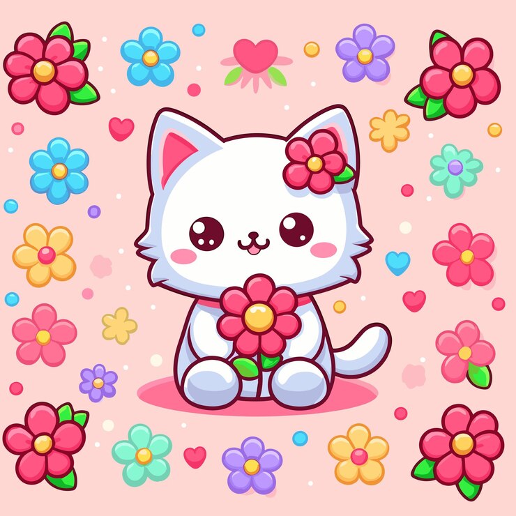 Vector lindo gato con flor vector de dibujos animados sobre fondo blanco