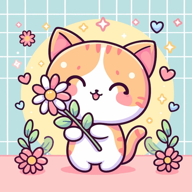 Vector lindo gato con flor vector de dibujos animados sobre fondo blanco
