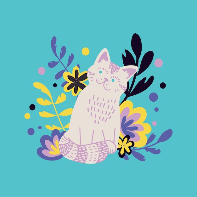 Lindo gato en flores Ilustración de vector dibujado a mano en estilo plano