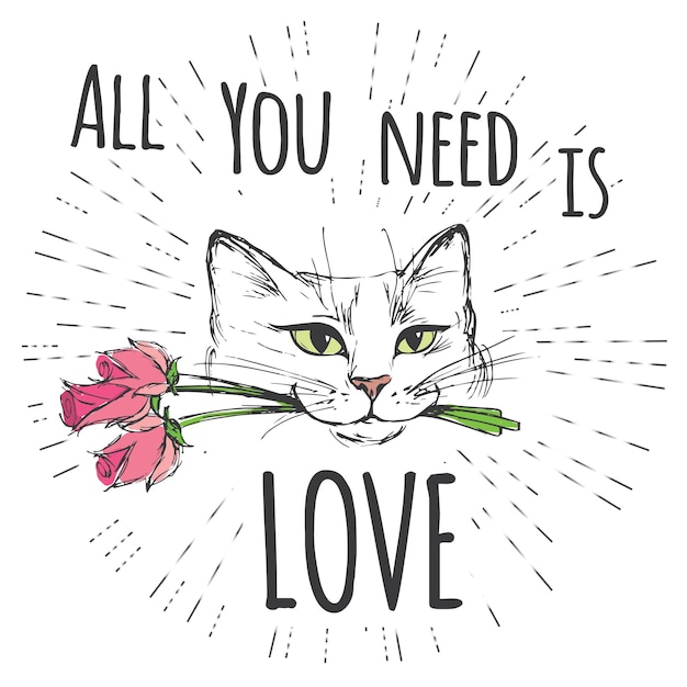 Vector lindo gato con flores y todo lo que necesitas es amor letras dibujadas a mano buenas para el diseño de camisetas
