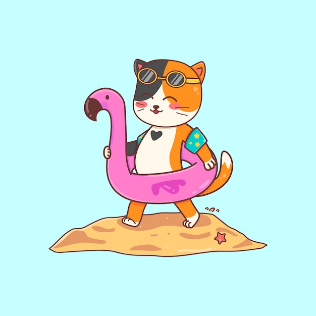 Lindo gato con flotador de flamencos en la ilustración de diseño de vectores de verano