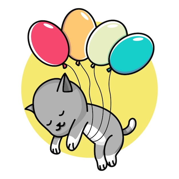 Lindo gato flotando con globos ilustración de dibujos animados