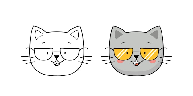 Lindo gato con gafas. Cabeza de animal de dibujos animados. ilustración vectorial