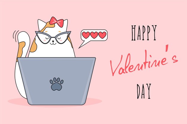 Vector lindo gato con gafas con laptop envía un mensaje romántico. preciosas mascotas.