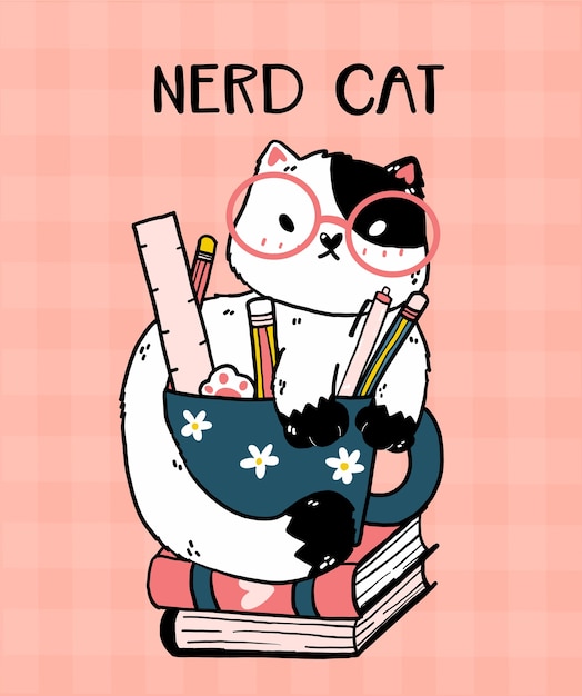 Vector lindo gato con gafas sentarse en taza de lápiz en el libro, ilustración de dibujos animados de gato