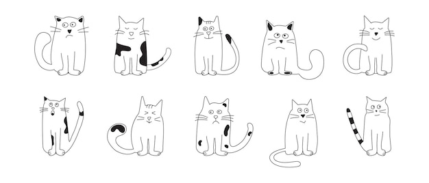 Vector lindo gato garabato dibujos animados animal divertido mascota feliz gatito personaje dibujado a mano vector meow colección