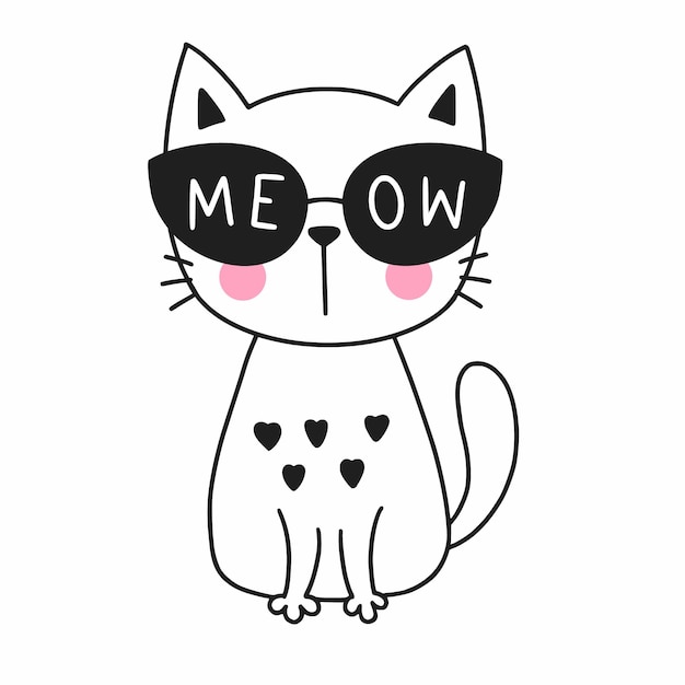 Lindo gato garabato Gatito en gafas negras con inscripción maullido
