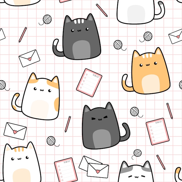 Vector lindo gato gatito y cosas dibujos animados doodle de patrones sin fisuras