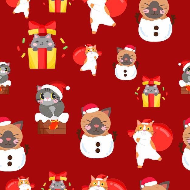 Lindo gato y gatito para el fondo de papel tapiz de patrones sin fisuras del día de Navidad