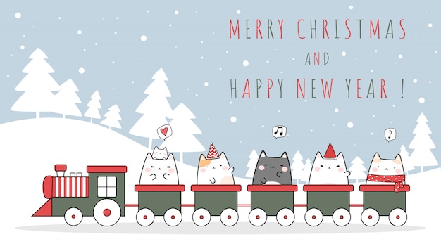 Lindo gato gatito montando tren celebración feliz navidad y feliz año nuevo tarjeta de doodle de dibujos animados