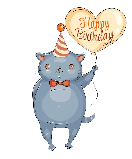 Lindo gato con un globo con la inscripción Feliz cumpleaños