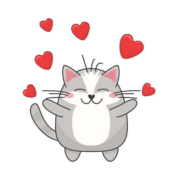 Lindo gato gordo de dibujos animados Valentín para el día de San Valentín Feliz gatito da amor y vomita el corazón