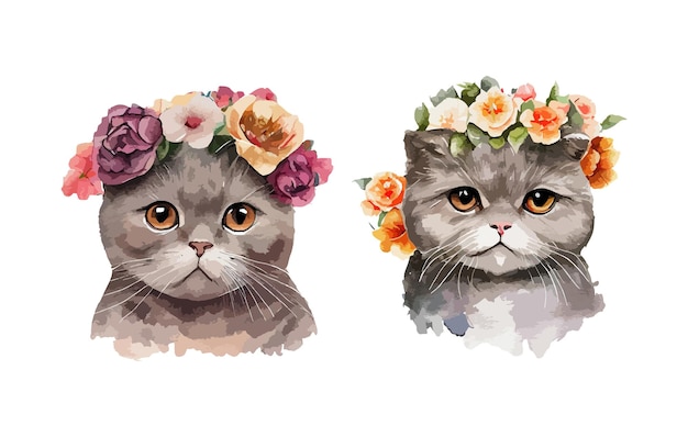 Lindo gato gris acuarela aislado sobre fondo blanco Conjunto de gatitos británicos de pelo corto con hermosas flores Ilustración vectorial