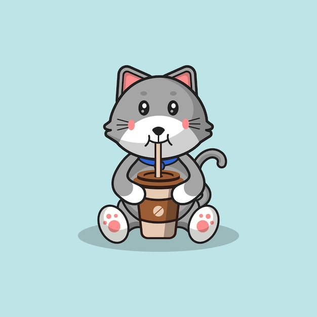 Lindo gato gris bebiendo café dibujos animados vector plano ilustración concepto aislado