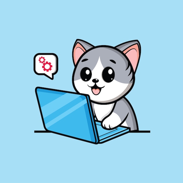 lindo gato gris dibujado está sentado y sonriendo feliz delante de la computadora trabajando con un concepto