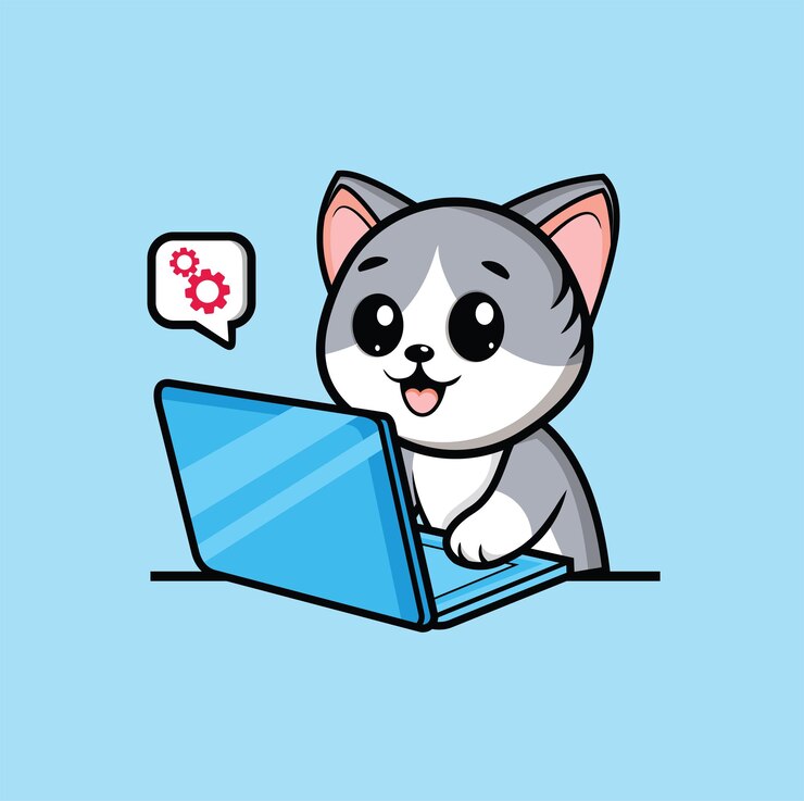 Vector lindo gato gris dibujado está sentado y sonriendo feliz delante de la computadora trabajando con un concepto