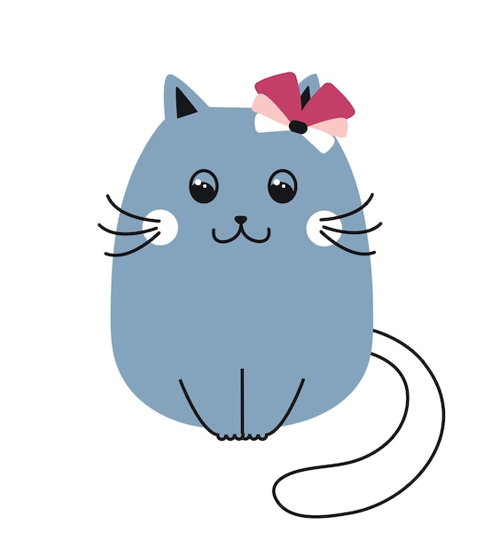 Lindo gato gris estilo doodle mascota alegre sentada animal doméstico juguete o mascota para niños cartel o pancarta para sitio web dibujos animados vector plano ilustración aislada sobre fondo blanco