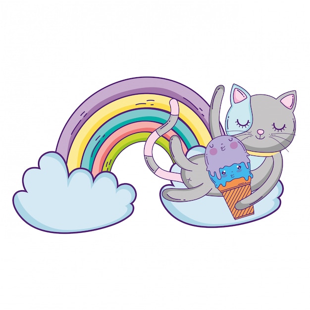 Lindo gato con helado en arcoiris