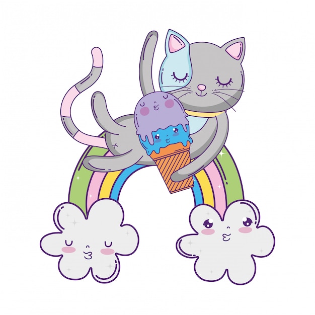Vector lindo gato con helado en arcoiris