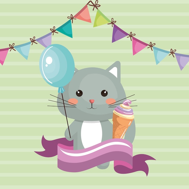 Lindo gato con helado tarjeta de cumpleaños de carácter kawaii dulce