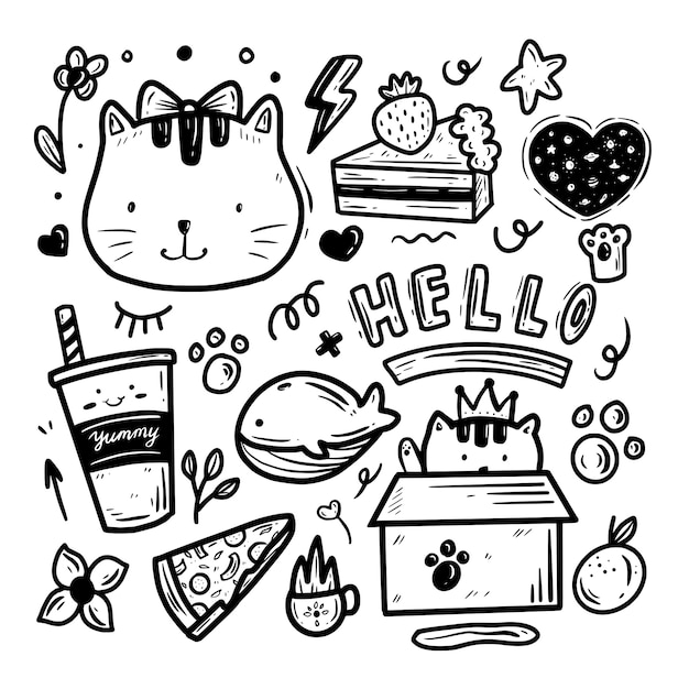 Lindo gato icono doodle dibujo icono set colección