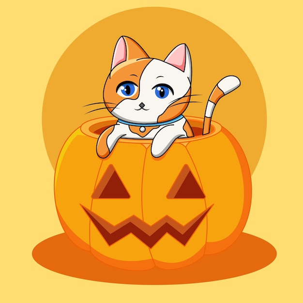 Lindo Gato En La Ilustración De Calabaza De Lado