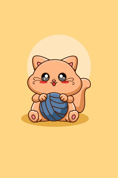 Lindo gato con ilustración de dibujos animados de animales de bola de hilo