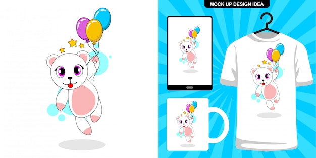 Lindo gato con ilustración de dibujos animados de globos y diseño de merchandising