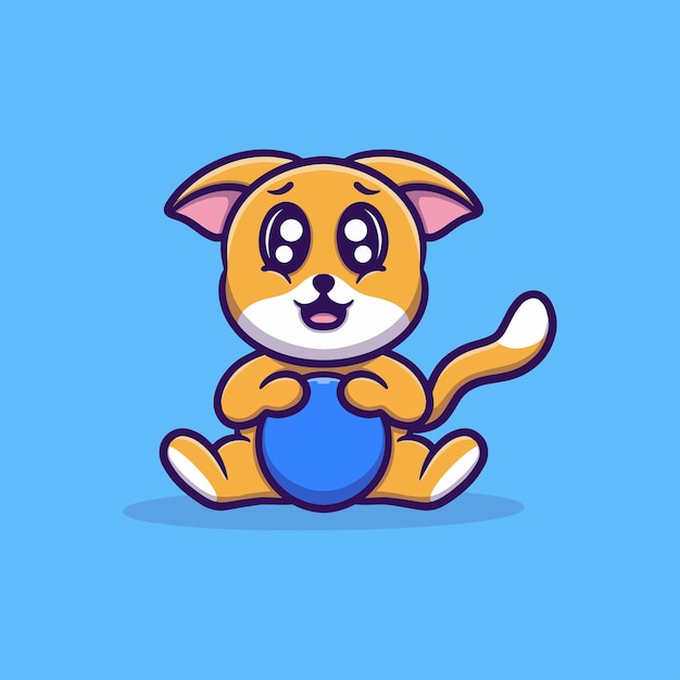 Lindo gato con ilustración de icono de vector de bola