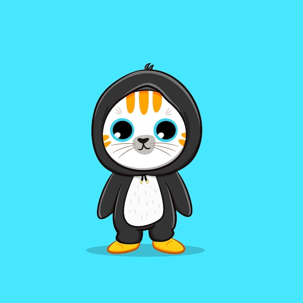 Lindo gato con ilustración de icono de vector de dibujos animados de traje de pingüino