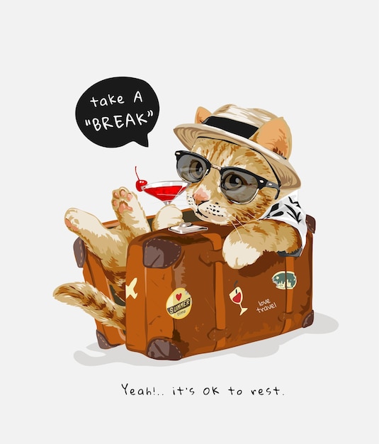 Lindo gato en ilustración de maleta vintage