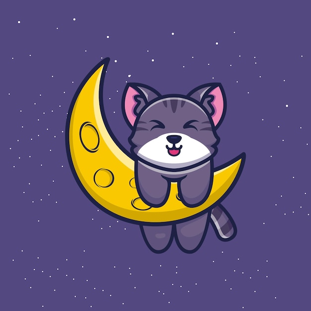 Vector lindo gato con ilustración de vector de dibujos animados de luna hoz