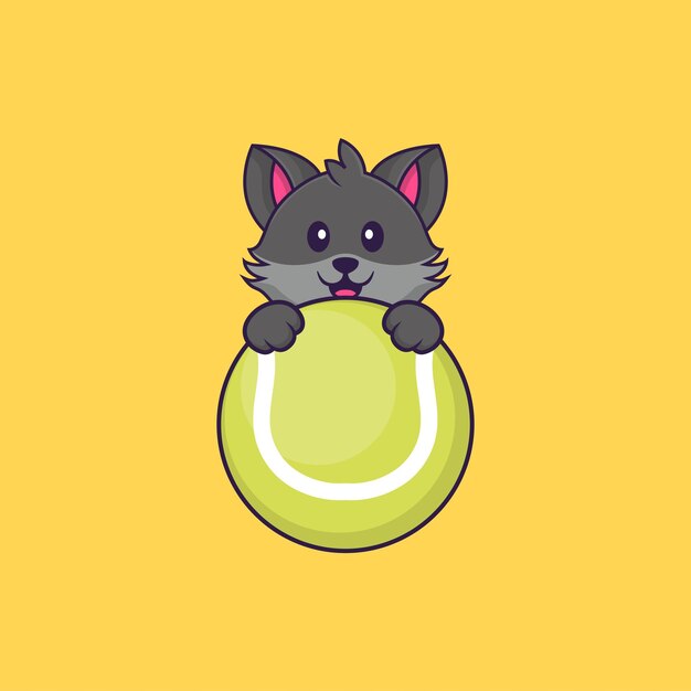 Lindo gato jugando al tenis concepto de dibujos animados de animales aislado