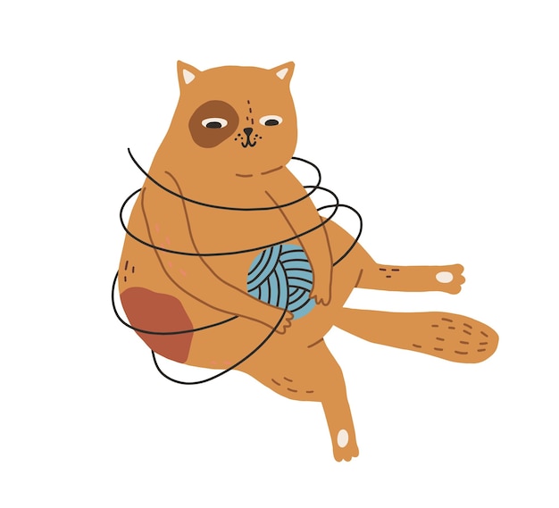 Lindo gato jugando con bola de hilo enredado en hilos aislado sobre fondo blanco. gracioso gatito jengibre sentado con una cuerda alrededor. ilustración vectorial plana coloreada dibujada en estilo garabato.