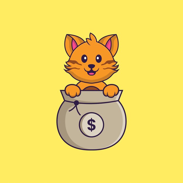 Lindo gato jugando en la bolsa de dinero. Concepto de dibujos animados de animales aislado.