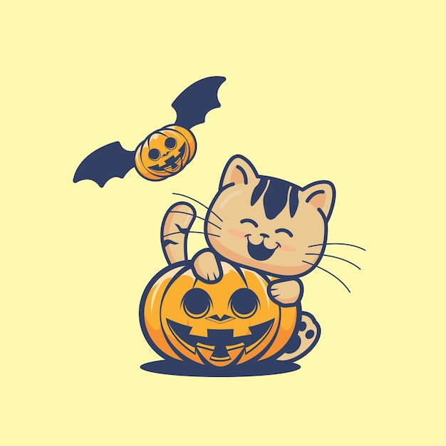 Lindo gato jugando calabaza de halloween