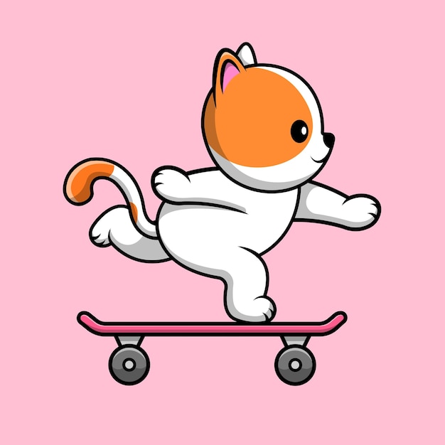 Lindo Gato Jugando Patineta Dibujos Animados Vector Icono Ilustración