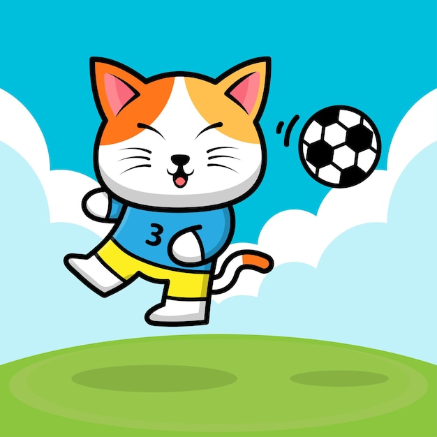 Lindo gato jugando pelota de fútbol ilustración de dibujos animados